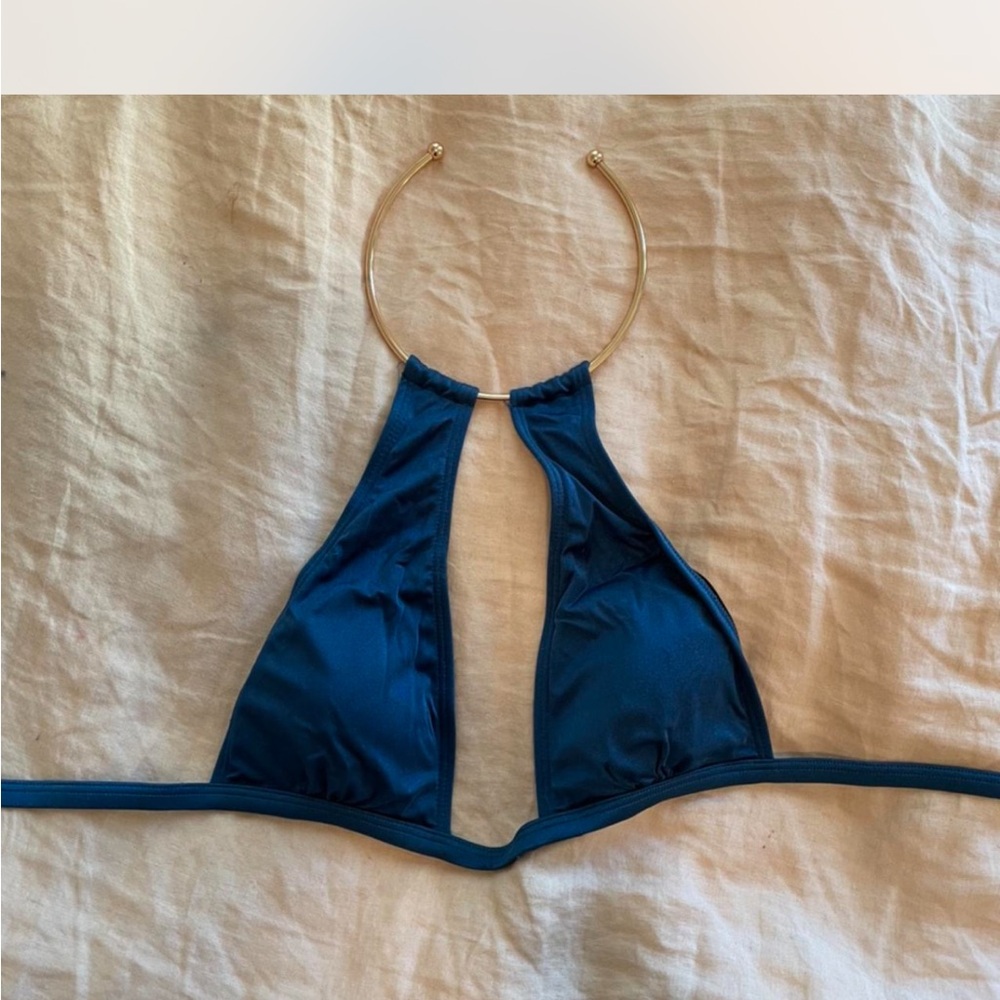 Elegant Blue Bikini Top with Gold Ring